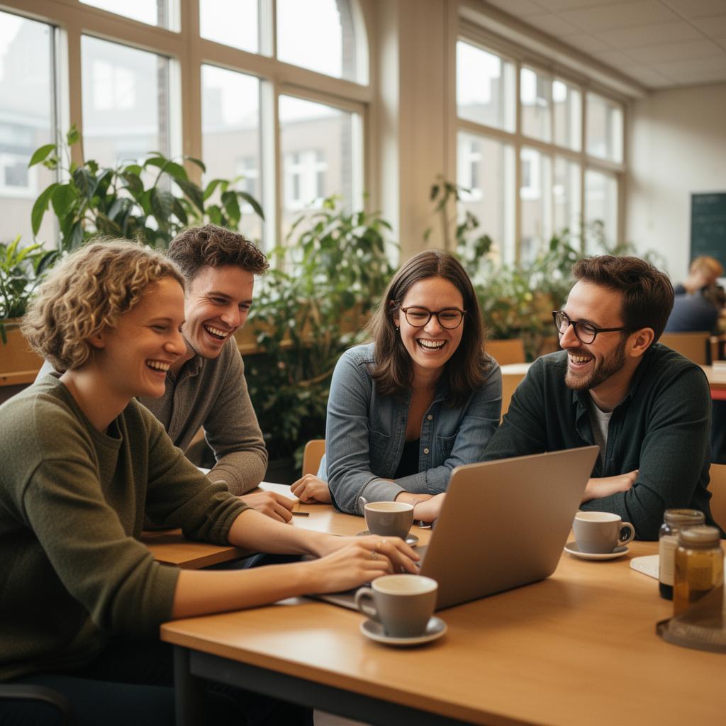 Drie leraren zitten samen rond een laptop in de lerarenkamer