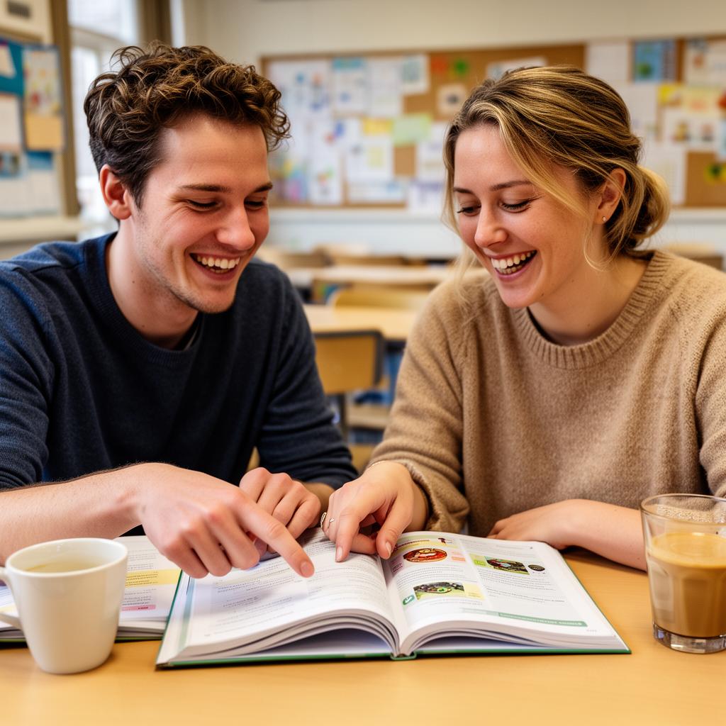 Leraren bekijken samen lesmateriaal aan een tafel