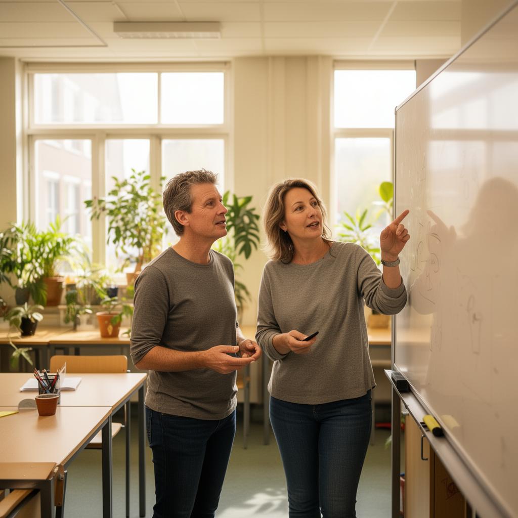 Twee leraren in gesprek bij een whiteboard
