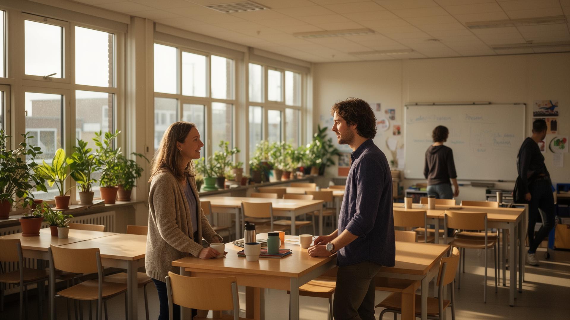 Twee leraren staan na te praten in een rustige lerarenkamer
