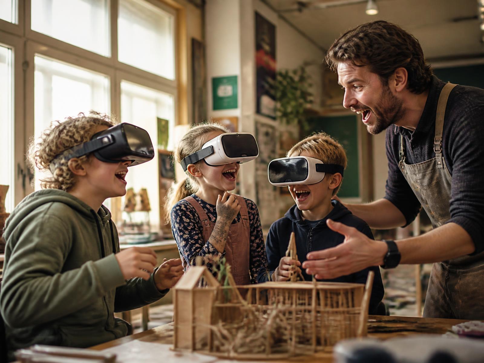 Een praktijkprofessional laat leerlingen met VR-brillen zien hoe zijn vak werkt