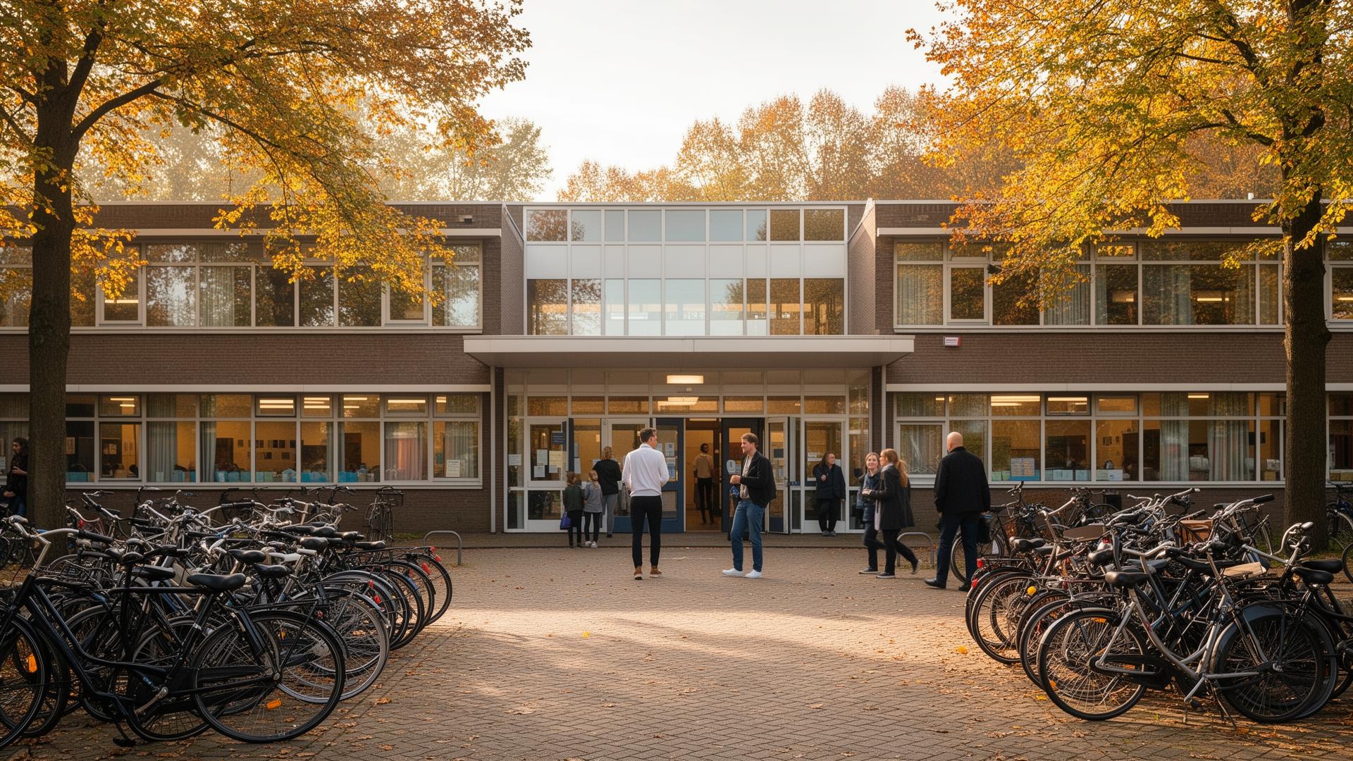 Een Nederlandse middelbare school met fietsen voor de ingang