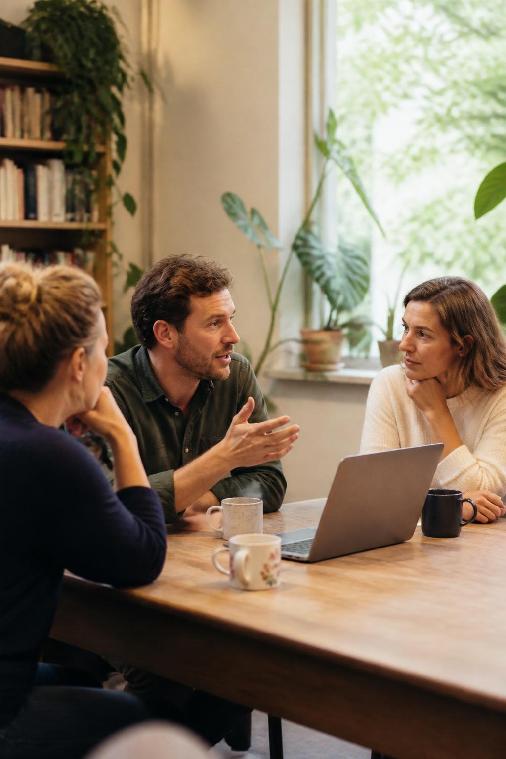 Drie leraren in gesprek in een lerarenkamer met planten en koffie, zacht daglicht.