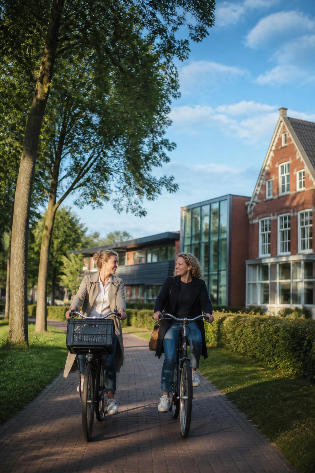 Twee leraren fietsen langs verschillende schoolgebouwen, frisse blauwe lucht en groen.